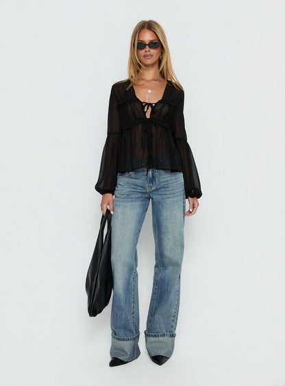 Palapa Tie Detail Sheer Long Sleeve Top Black