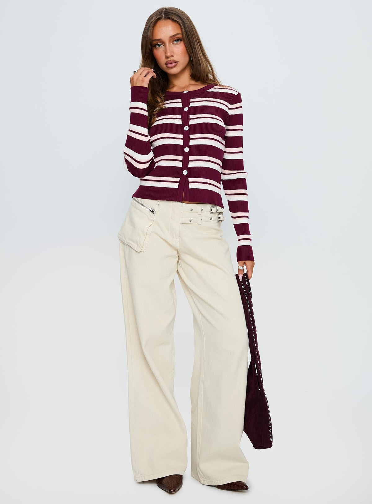 Donoven Long Sleeve Top Burgundy Stripe