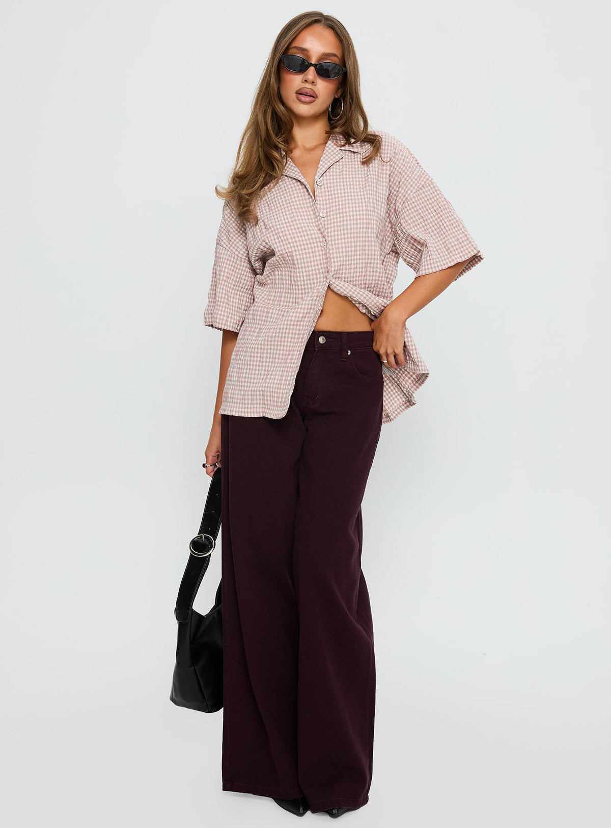 Soft Side Oversized Button Up Top Pink Check