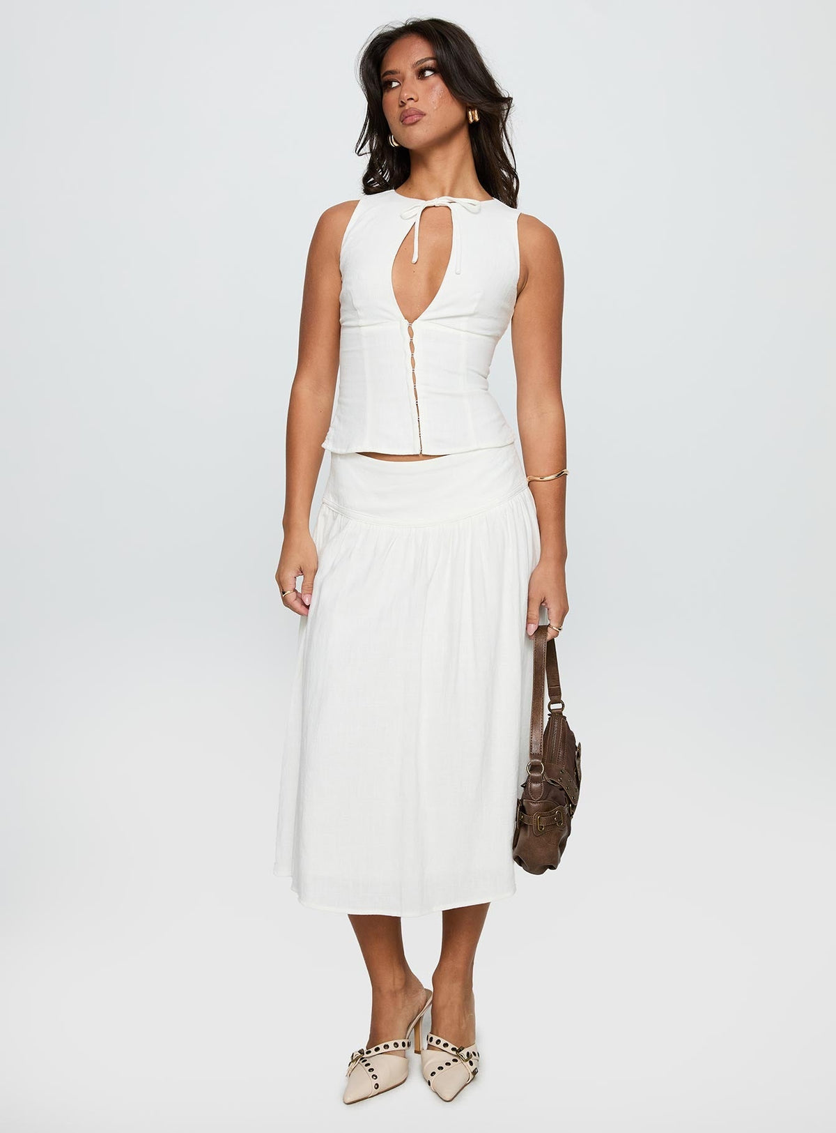 Heart Of Gold Linen Blend Midi Skirt White