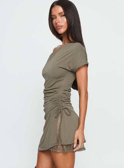 Pavlina Off Shoulder Lace Ruched Mini Dress Green