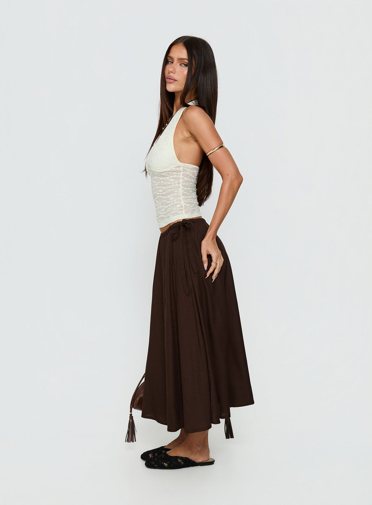Persuasion Tie Side Midi Skirt Chocolate