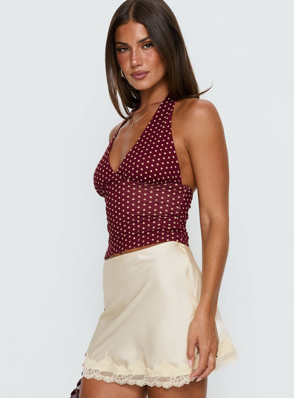 Whimsy Halter Top Burgundy / Lemon Polka