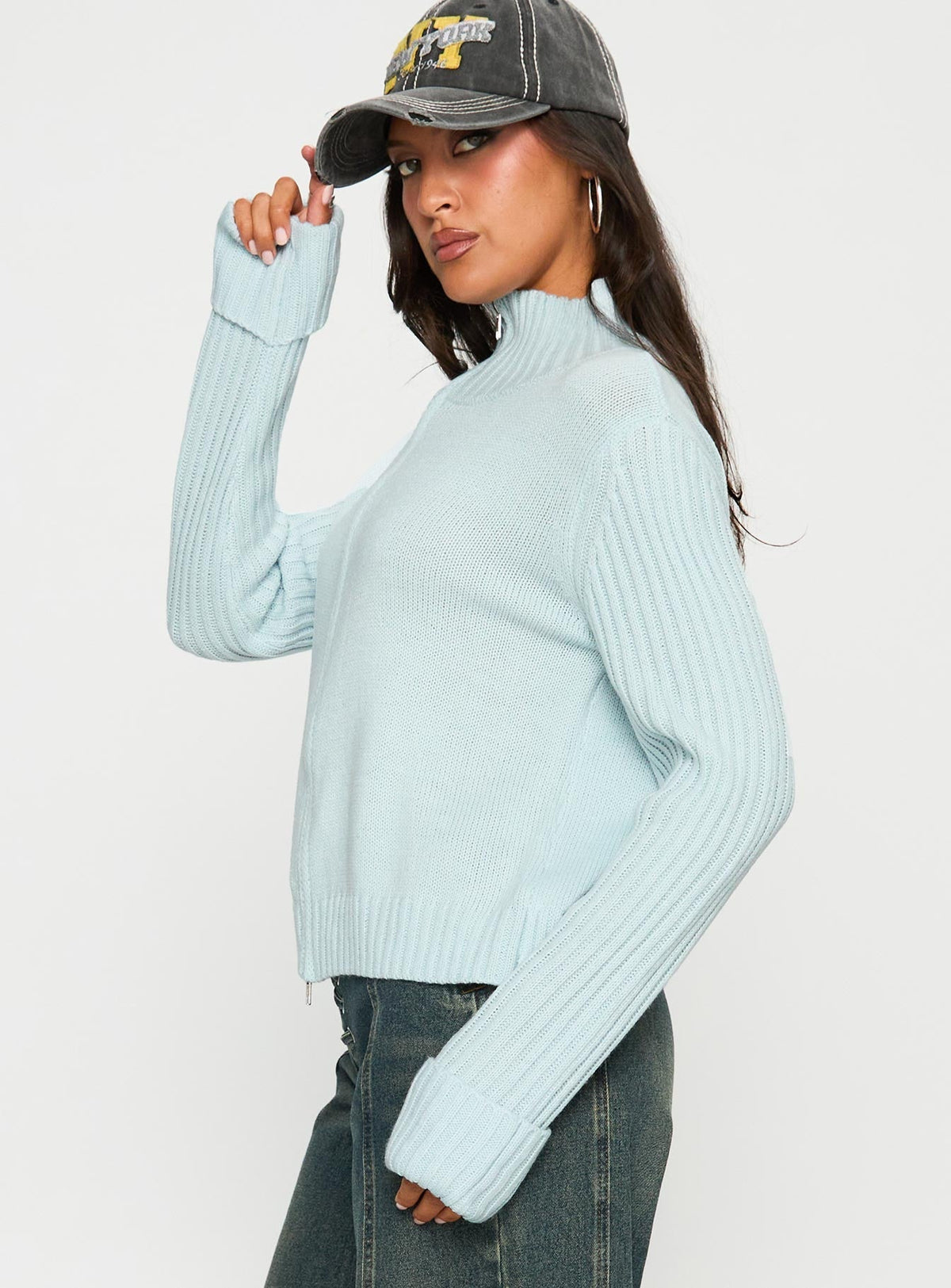 Show Off Zip Through Knit Sweater Blue