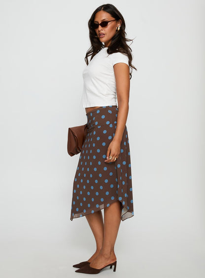 Daphene Asymmetrical Midi Skirt Brown / Blue Polka Dot