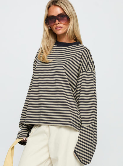 Bloom Long Sleeve Top Beige Stripe