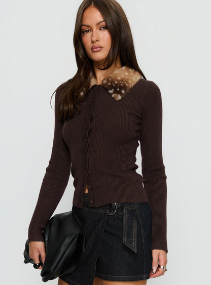 Chiqueeta Faux Fur Trim Knit Cardigan Brown