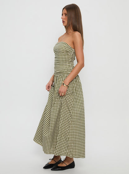 Frankey Strapless Drop Waist Maxi Dress Green Check
