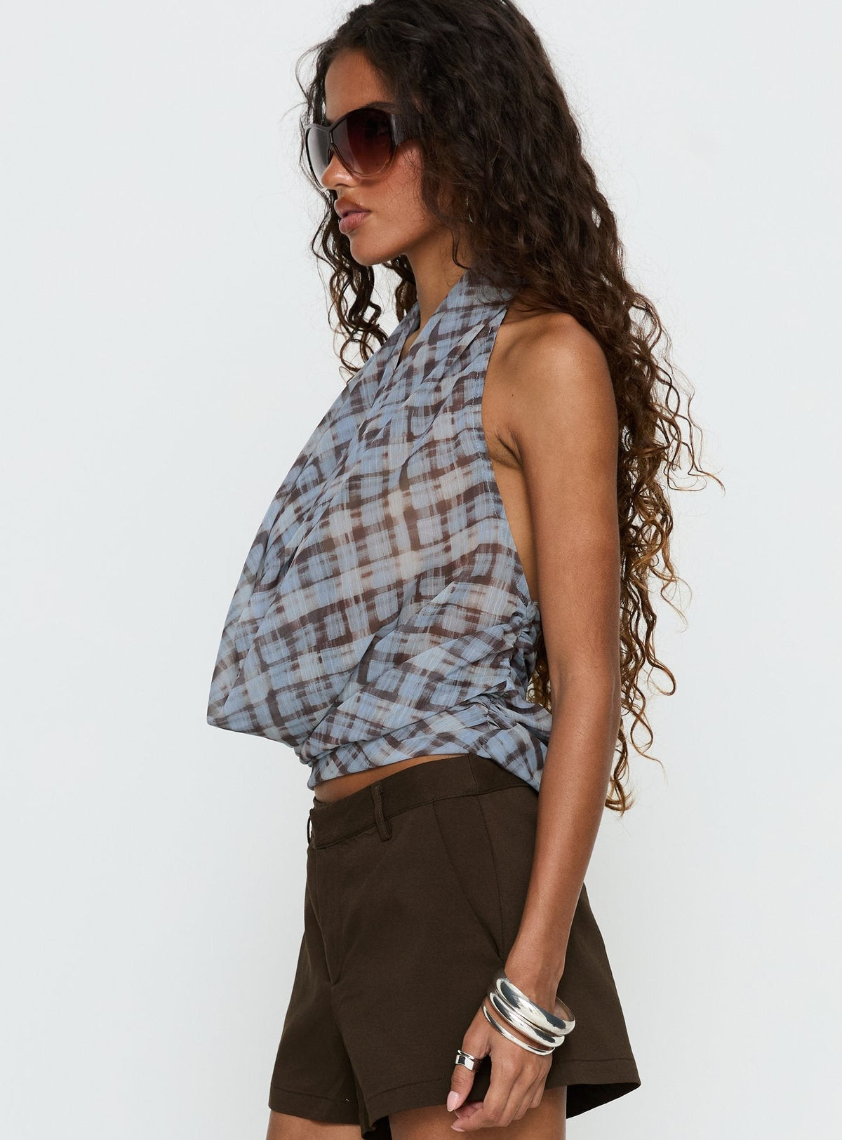 Aldana Plunge Neck Top Multi Check