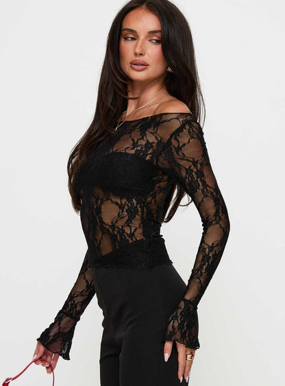 Junah Sheer Lace Long Sleeve Top Black