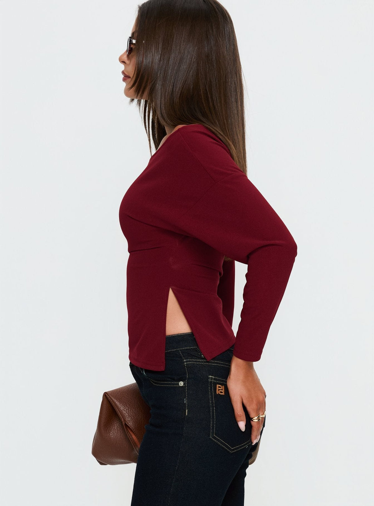 Cieara Off Shoulder Long Sleeve Top Burgundy