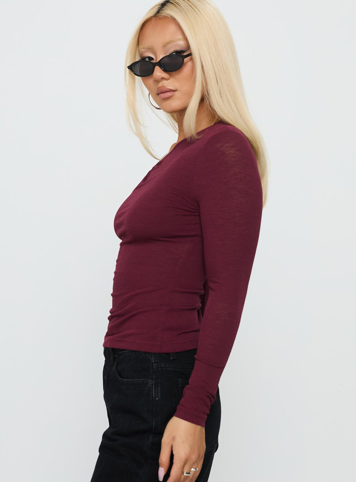 Iced Out Long Sleeve Off Shoulder Top Currant