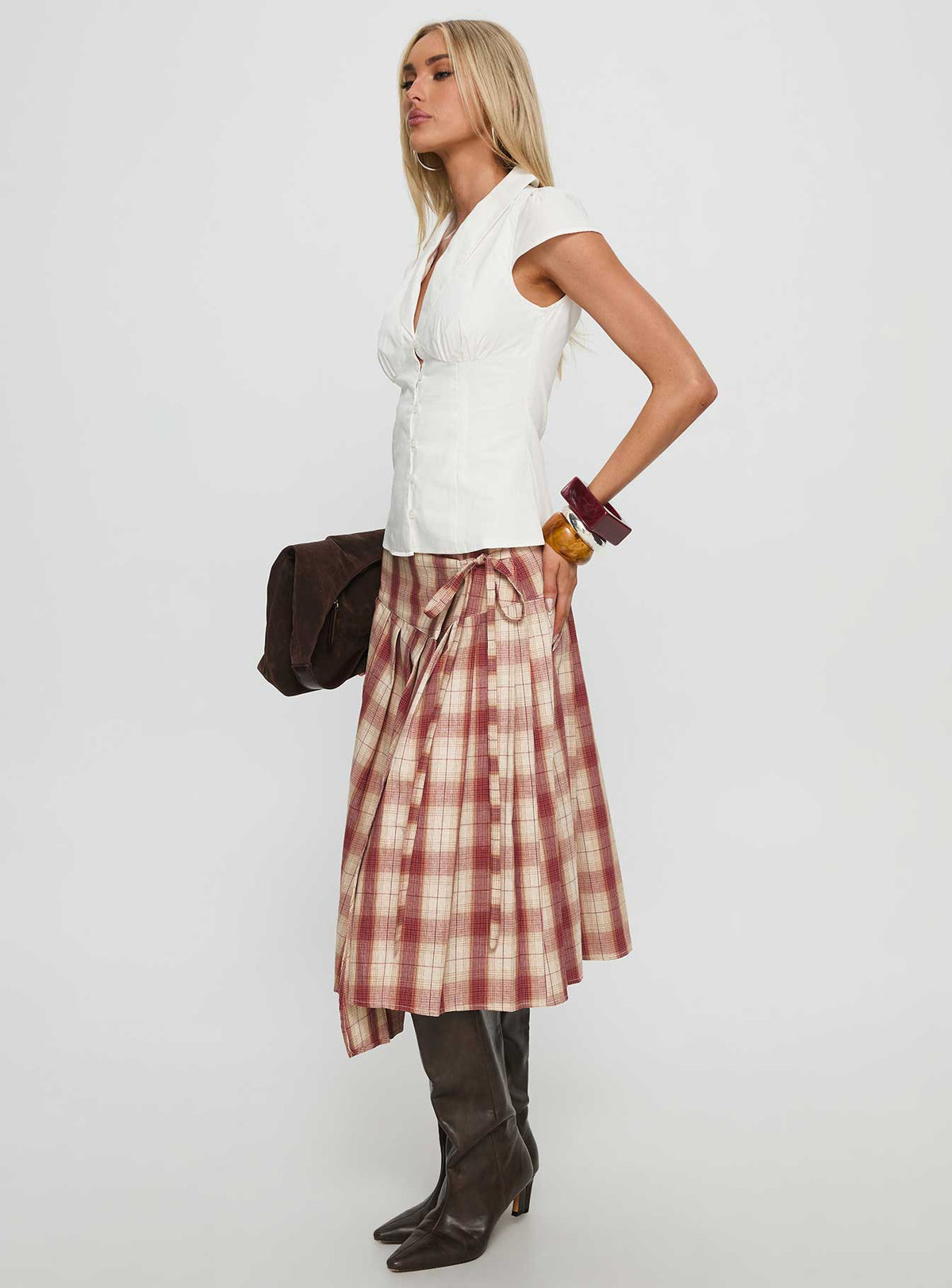 Norie Wrap Pleat Midi Skirt Red Plaid