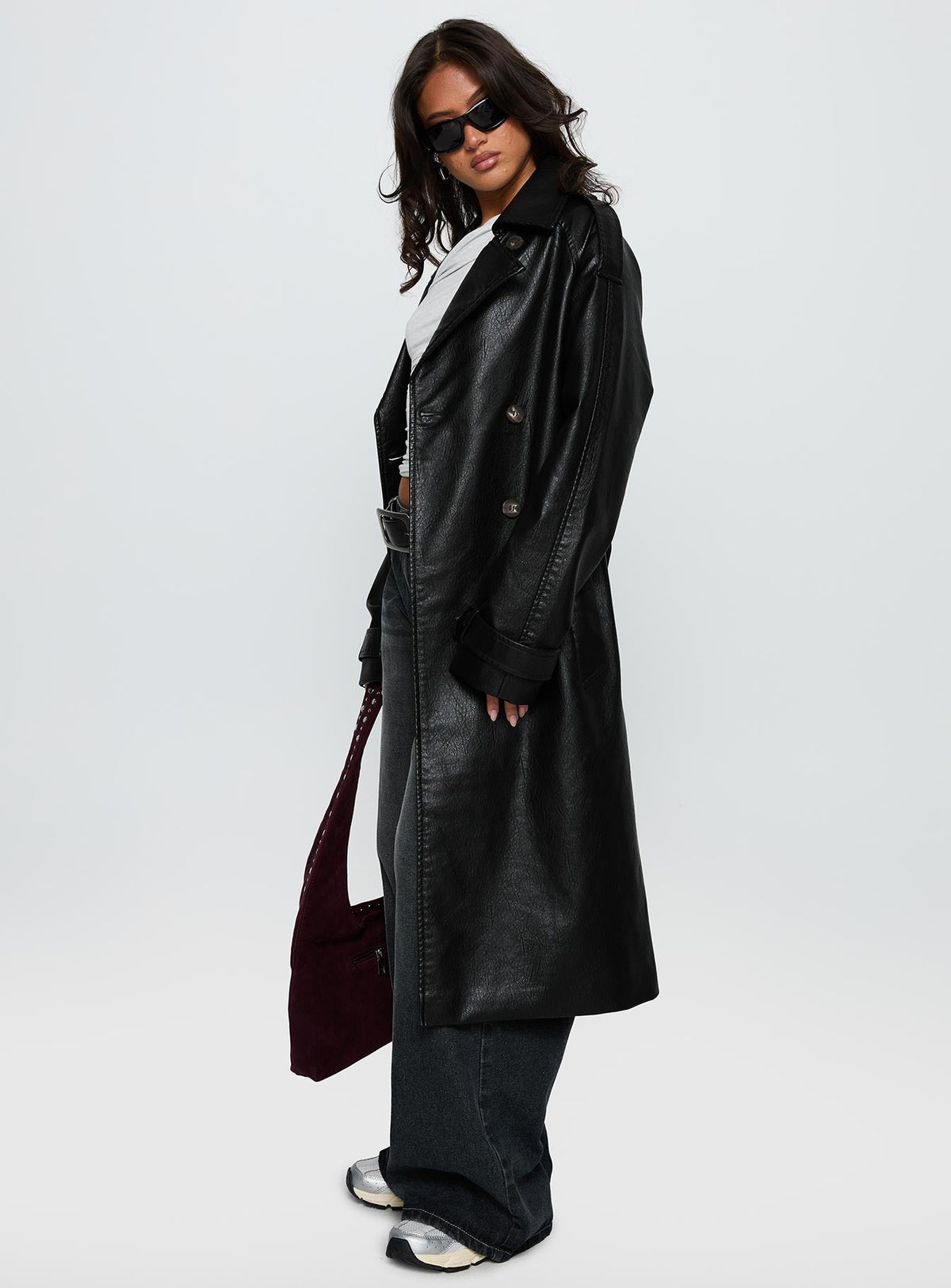 For The Fame Faux Leather Trench Coat Black