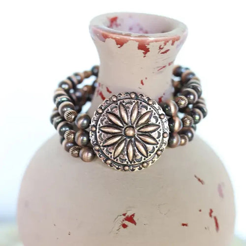 3 Strand Navajo Inspired Pearl with Round Concho Stretch Bracelet (Available in Two Finishes)