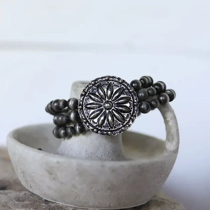 3 Strand Navajo Inspired Pearl with Round Concho Stretch Bracelet (Available in Two Finishes)