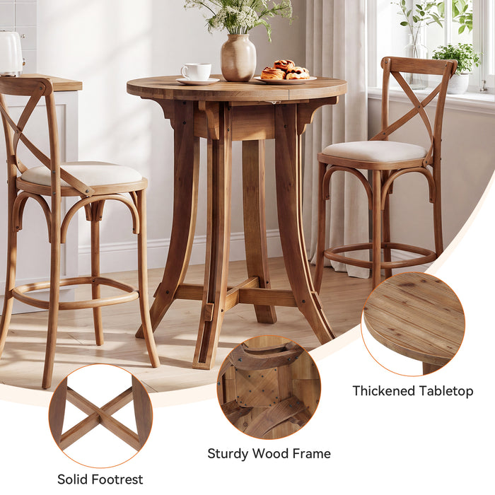 32" Round Bar Table with Footrest, Rustic Solid Wood Farmhouse Pub Table