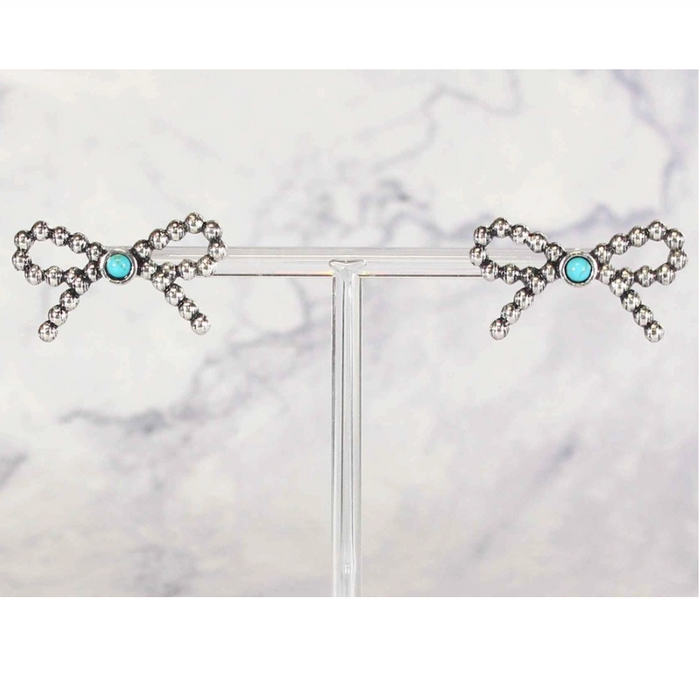 3D Bead Texture Silver Turquoise Ribbon Post Earrings