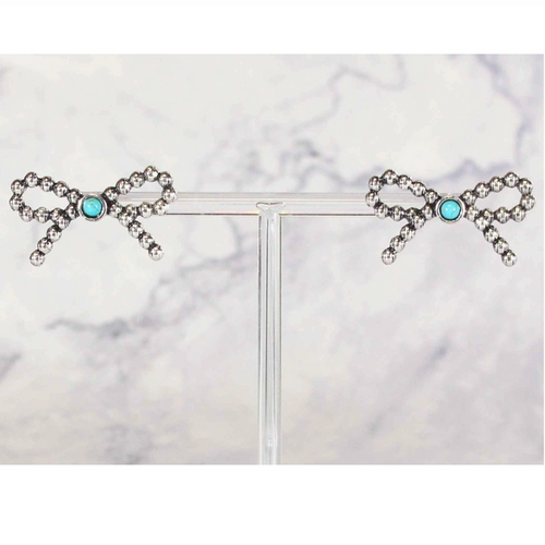 3D Bead Texture Silver Turquoise Ribbon Post Earrings