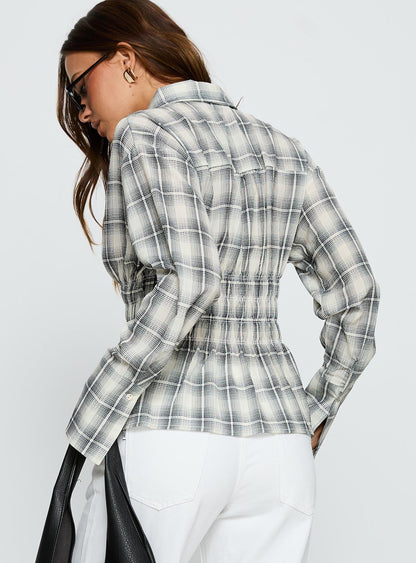 As You Are Shirred Button Up Top Black Check