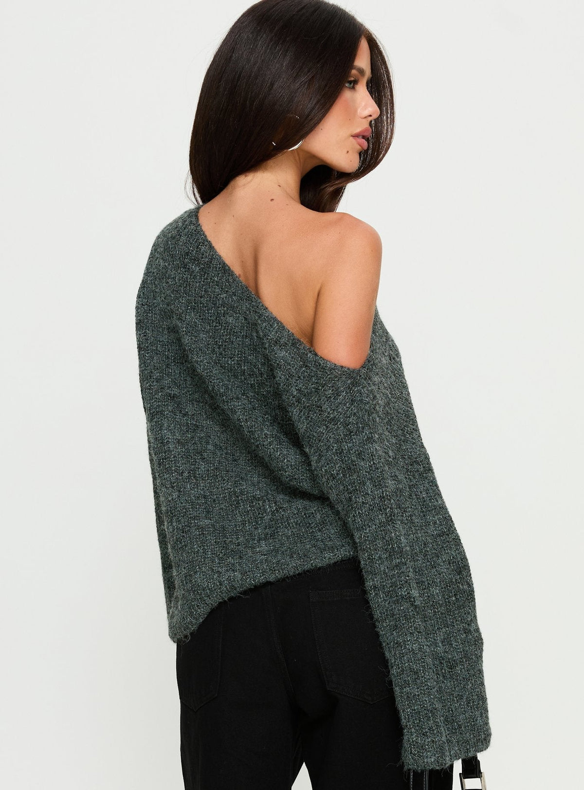 Delyn Off Shoulder Slouchy Knit Sweater Black Marle
