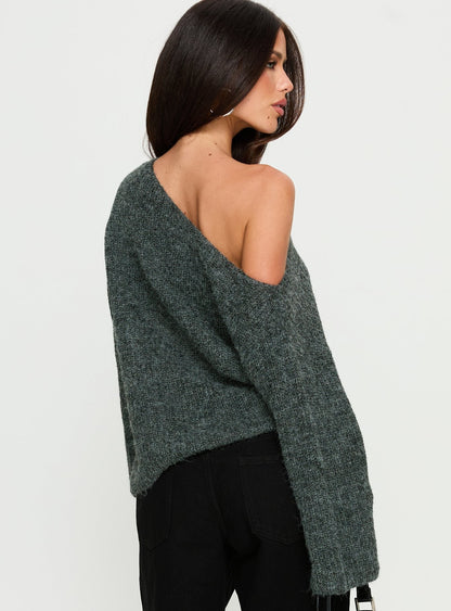 Delyn Off Shoulder Slouchy Knit Sweater Black Marle