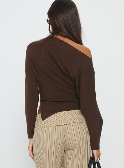 Kaelith Off Shoulder Knit Sweater Brown