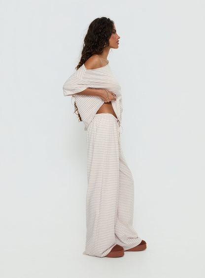 Tobie Off Shoulder Sleep Set Beige Stripe