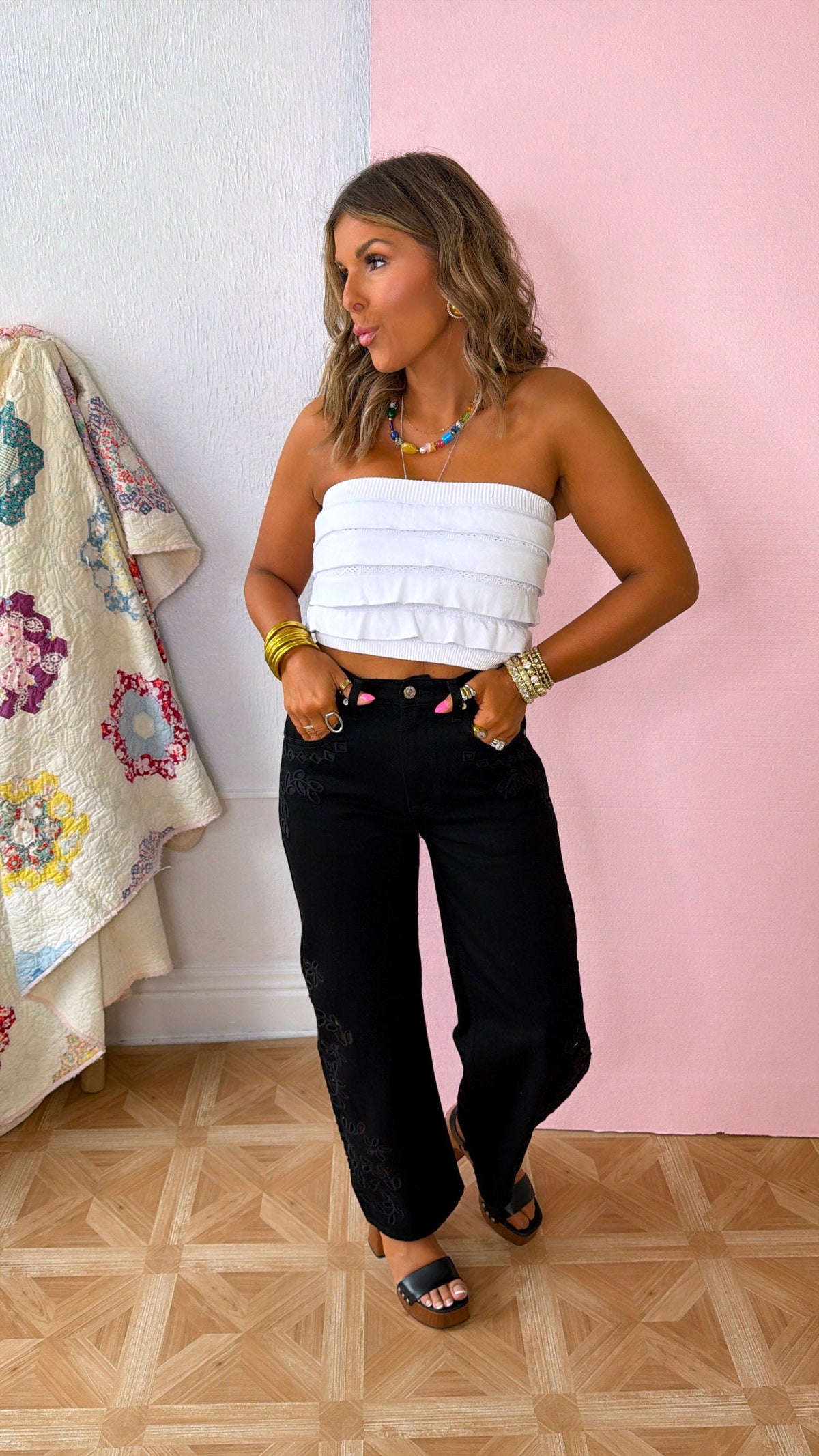Eyelet Floral Barrel Jeans, Black