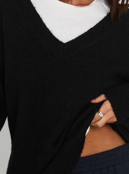 Stay The Night V Neck Knit Sweater Black