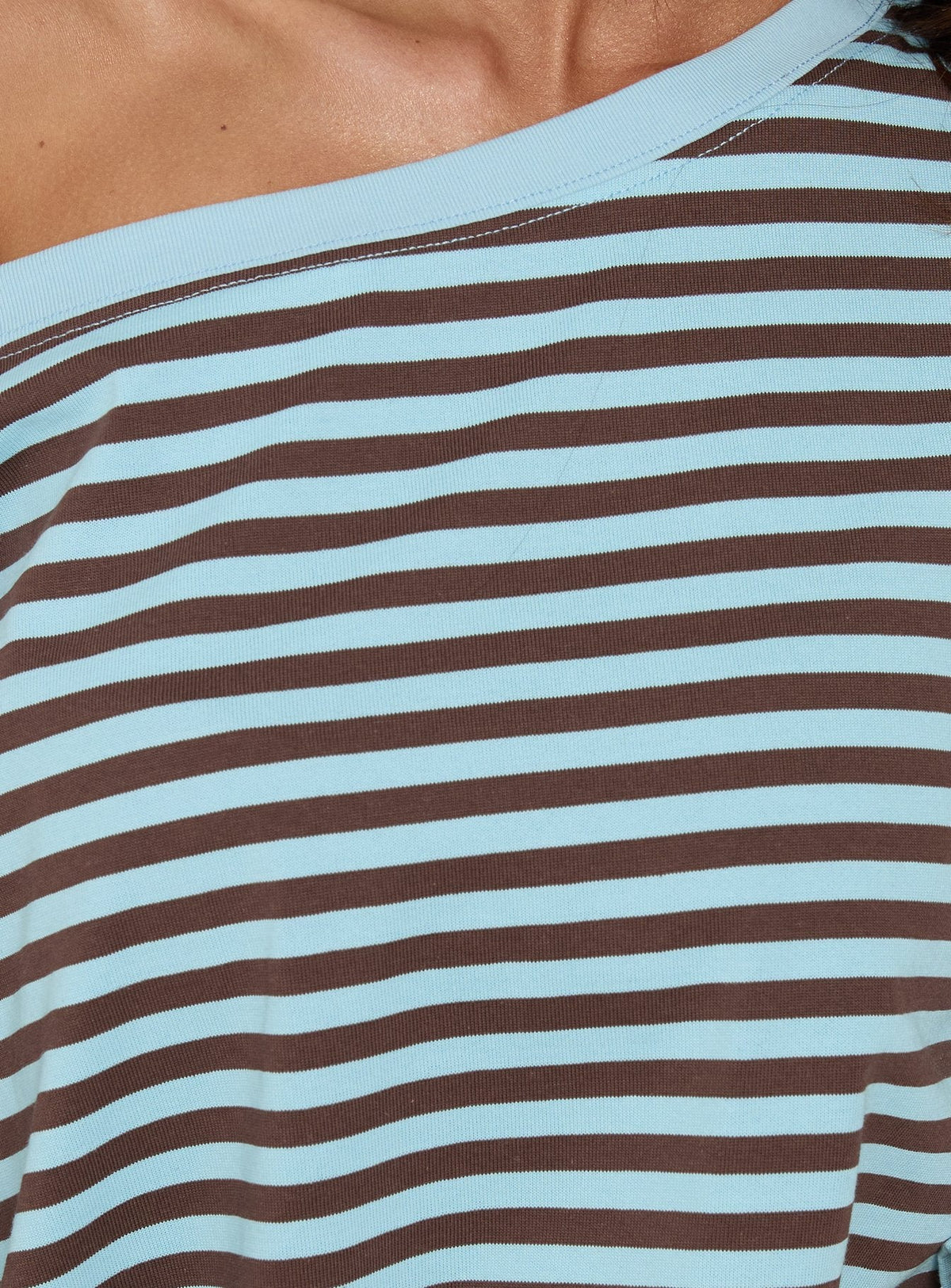 Settle Down One Shoulder Long Sleeve Top Chocolate / Blue Stripe