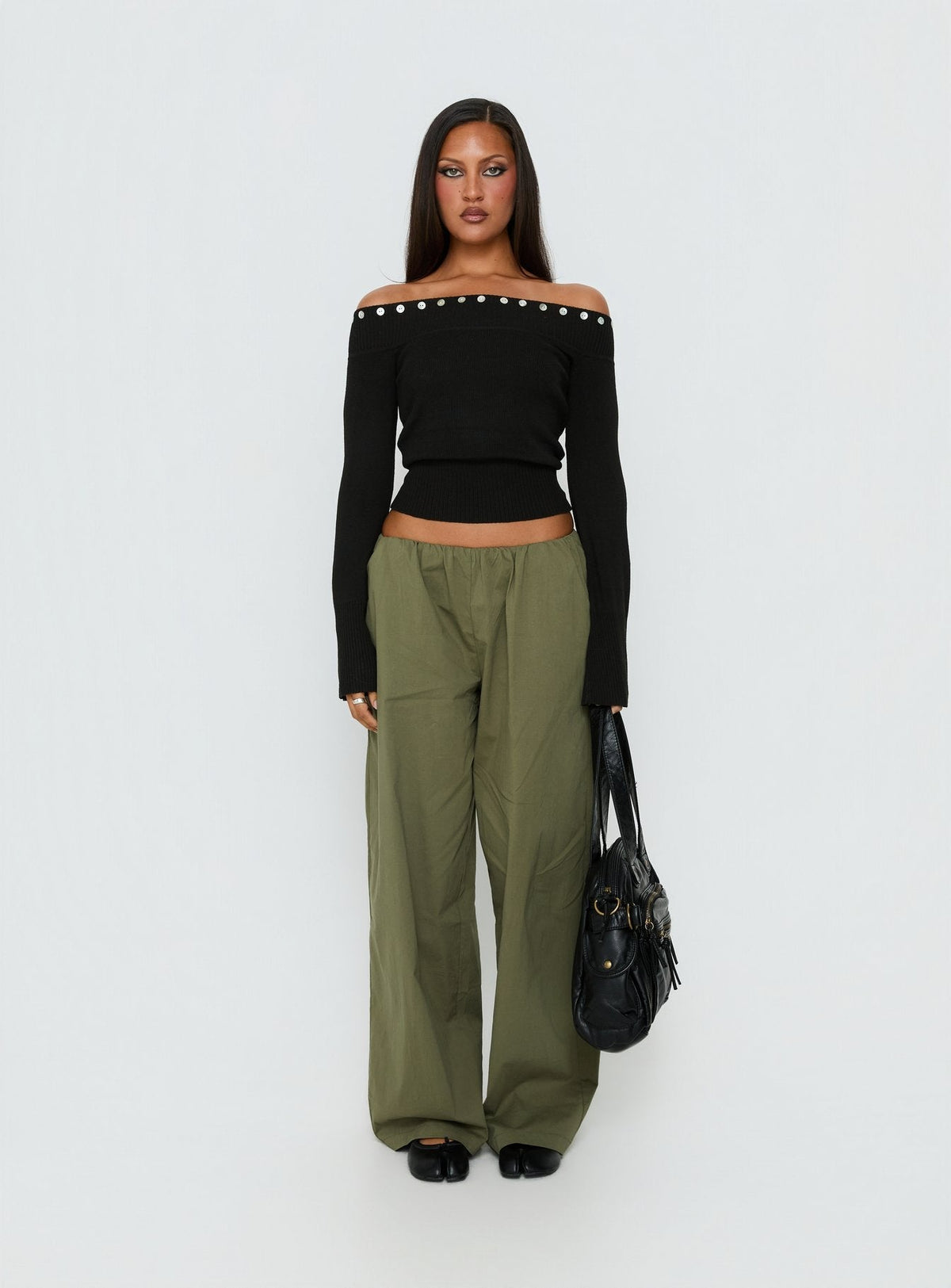 Miralys Off Shoulder Long Sleeve Knit Top Black