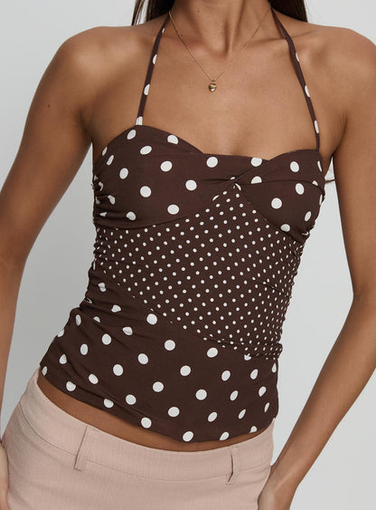 Marguerite Halter Top Brown Polka