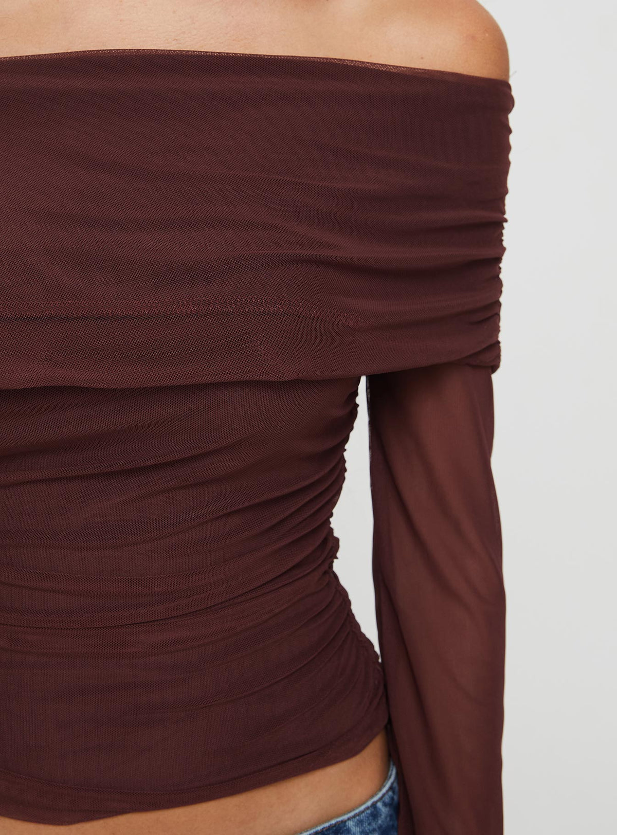Serenah Mesh Off The Shoulder Top Brown