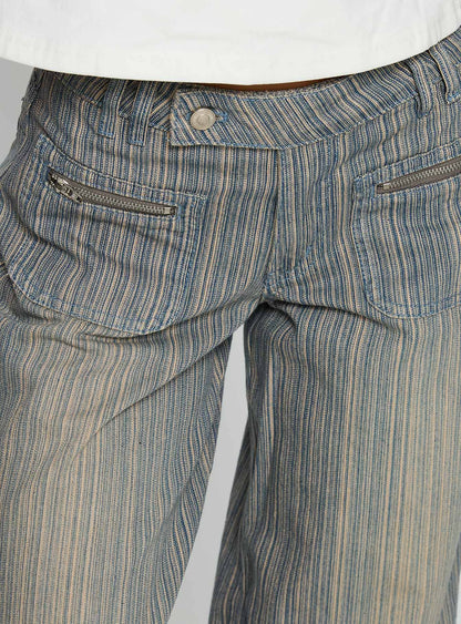 Lifetimes Mid Rise Wide Leg Cargo Jeans Dark Blue Stripe