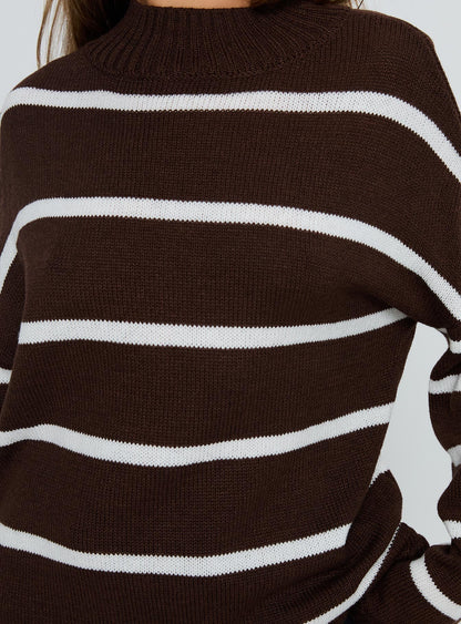 Alara Mock Neck Knit Sweater Brown Stripe