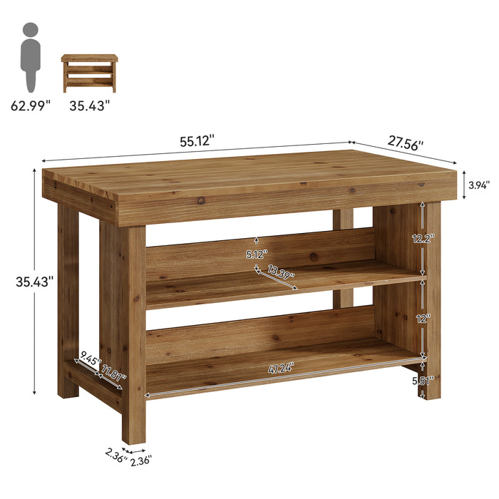 55" Farmhouse Bar Table, 3-Tier Solid Wood Bar Unit with Open Storage Shelves