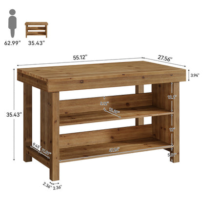 55" Farmhouse Bar Table, 3-Tier Solid Wood Bar Unit with Open Storage Shelves