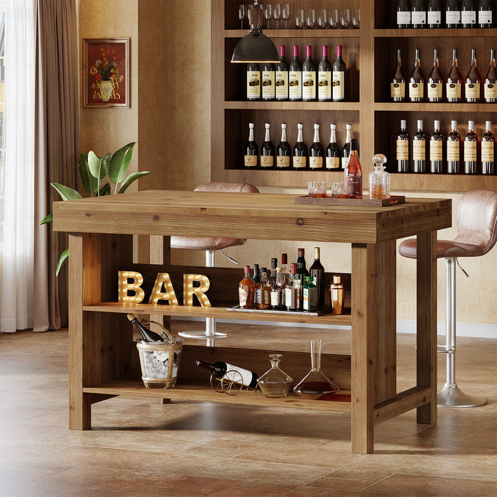 55" Farmhouse Bar Table, 3-Tier Solid Wood Bar Unit with Open Storage Shelves