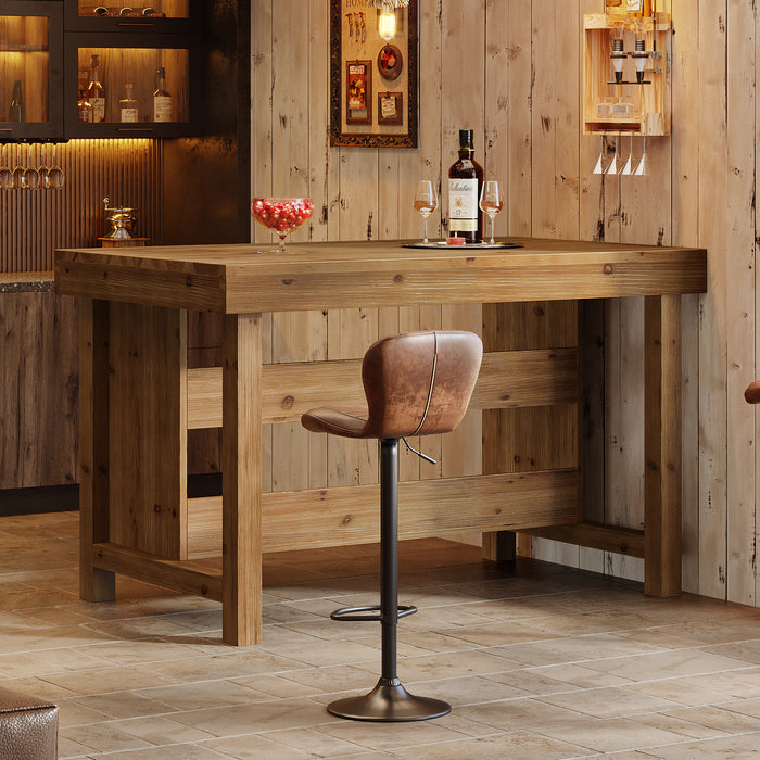 55" Farmhouse Bar Table, 3-Tier Solid Wood Bar Unit with Open Storage Shelves