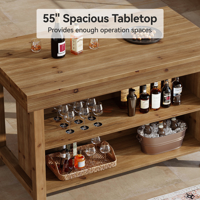55" Farmhouse Bar Table, 3-Tier Solid Wood Bar Unit with Open Storage Shelves