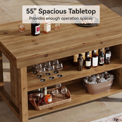55" Farmhouse Bar Table, 3-Tier Solid Wood Bar Unit with Open Storage Shelves