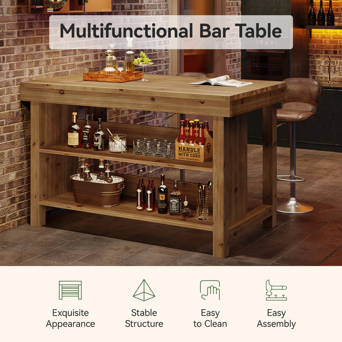 55" Farmhouse Bar Table, 3-Tier Solid Wood Bar Unit with Open Storage Shelves
