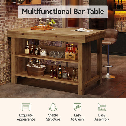 55" Farmhouse Bar Table, 3-Tier Solid Wood Bar Unit with Open Storage Shelves