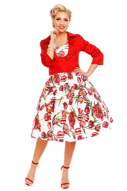 May V-neck 50s Style Floral Dress in White-Pink Tulip
