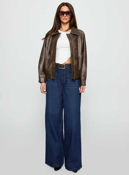Mixtape Faux Leather Collared Jacket Brown