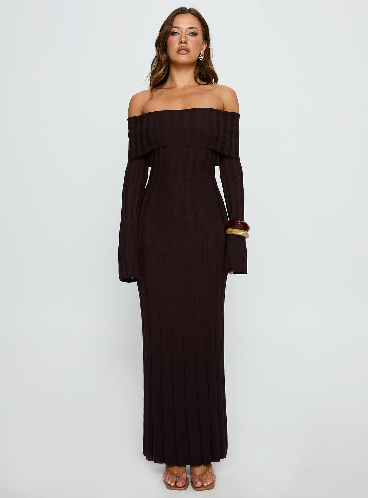 Ellouisa Long Sleeve Rib Maxi Dress Chocolate