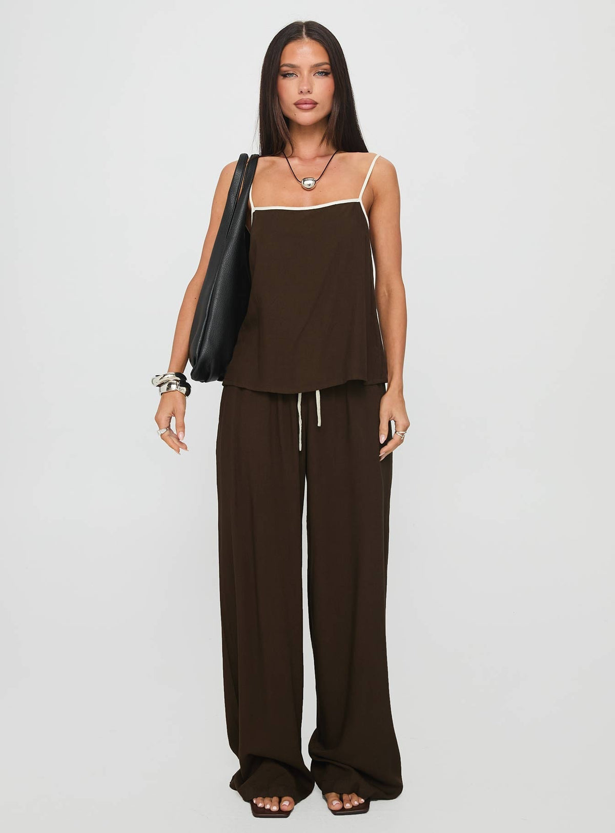 Nolei Contrast Pants Set Chocolate / White