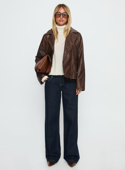 Vyolette Faux Leather Collared Jacket Washed Brown
