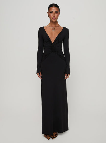 Lezure Plunge Long Sleeve Maxi Dress Black